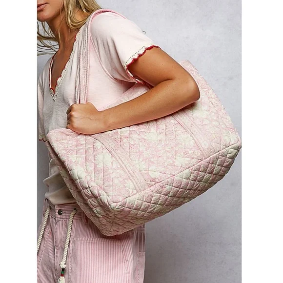 Pink/Ivory Quilted Floral Print Tote Bag - Picture 2 of 2